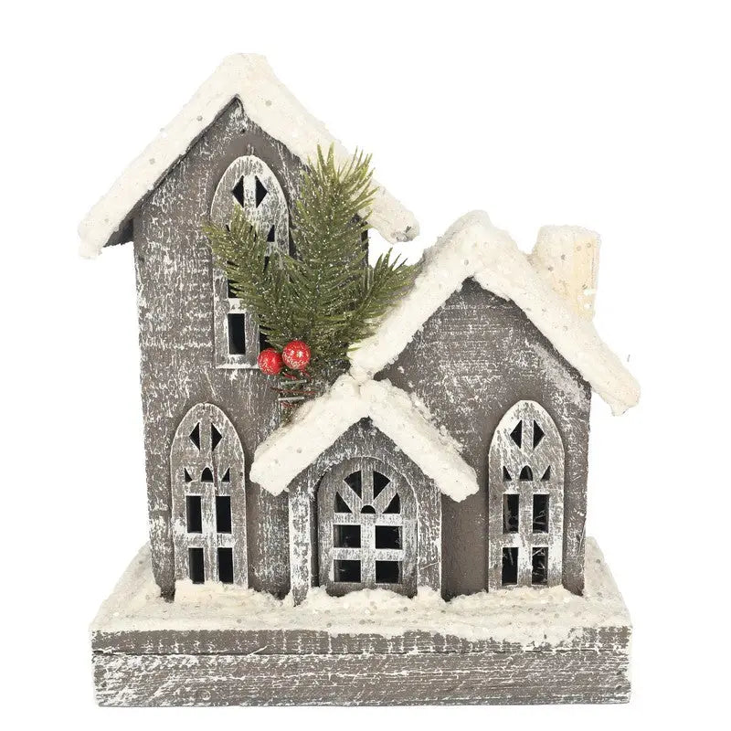 Wooden Glittered Church With LEDs Battery Operated 25cm