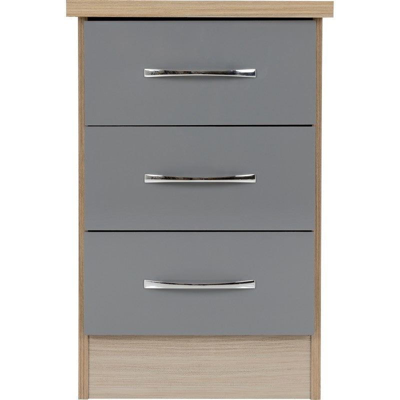 Nevada 3 Drawer Bedside - Grey Gloss and Oak