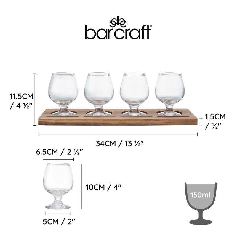 BarCraft Wooden Tasting Paddle 34cm with Set of 4 Glasses, 150ml
