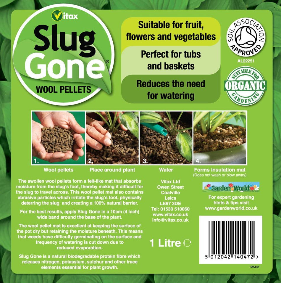Vitax Slug Gone Organic Wool Pellets Safe Controls Slugs Snails 1L