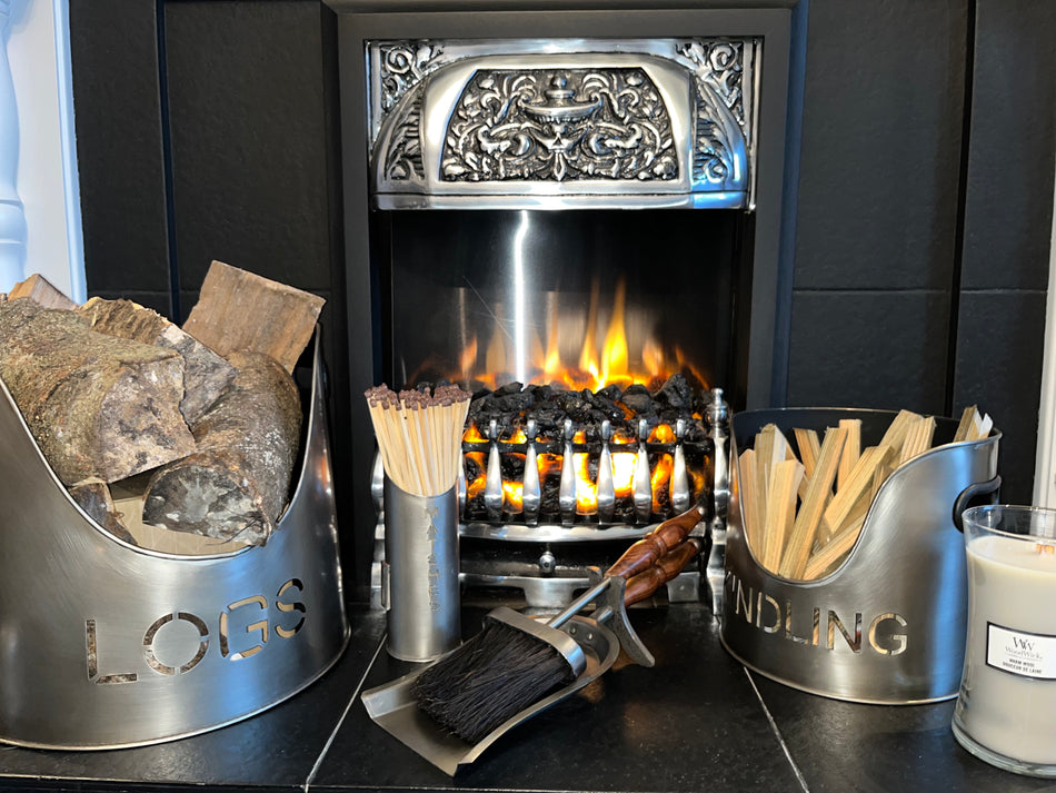 Antique Pewter Fireside Set Of 3 Log, Kindling & Matches