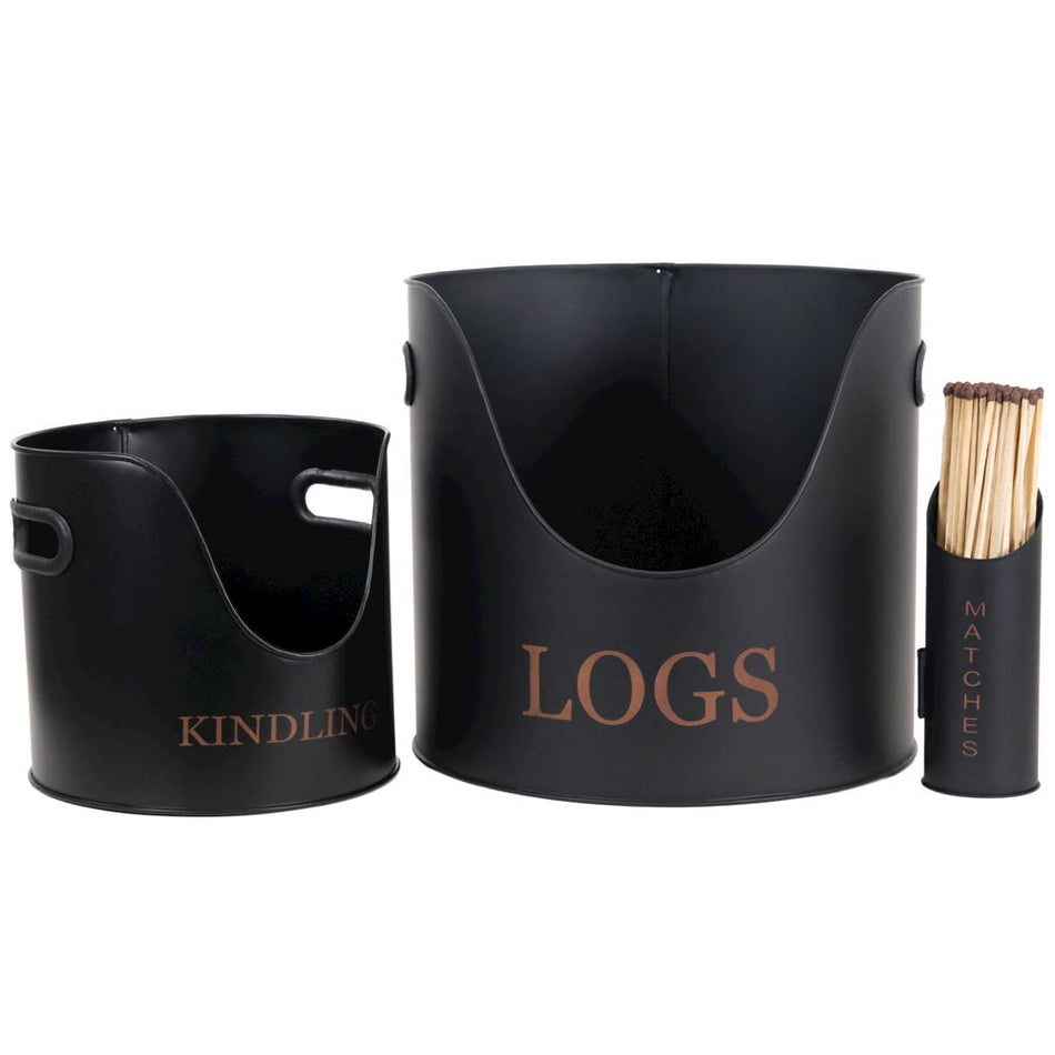 Black W/Copper Set 3 Logs, Kindling & Matches 33X33X30cm