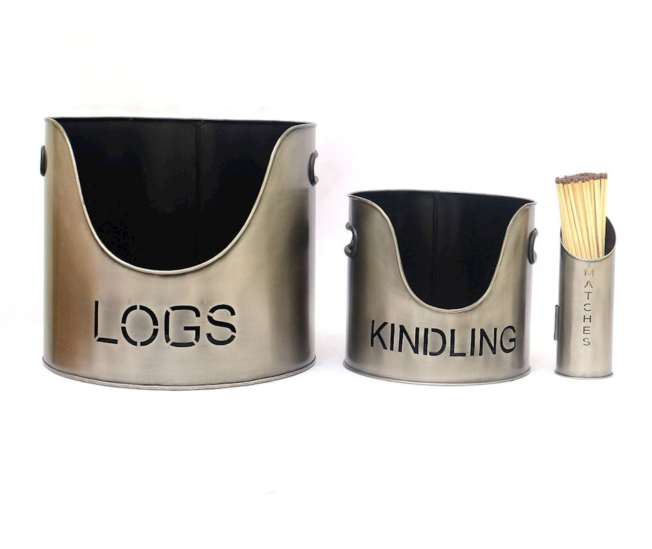 Antique Pewter Fireside Set Of 3 Log, Kindling & Matches